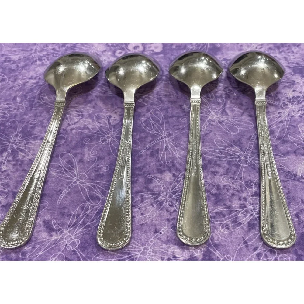 Reed & Barton Kendall Stainless Oval Soup Spoons‎ 4 Piece Set Beaded Outline